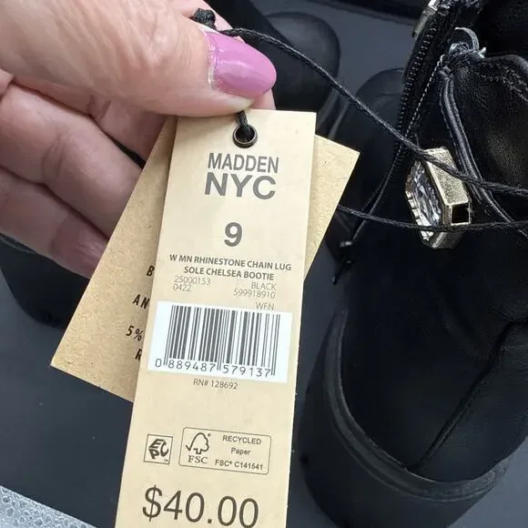 Madden NYC Women's Black Rhinestone Chain Zip Lug Sole Chelsie Ankle Boots Sz 9 - Picture 13 of 13